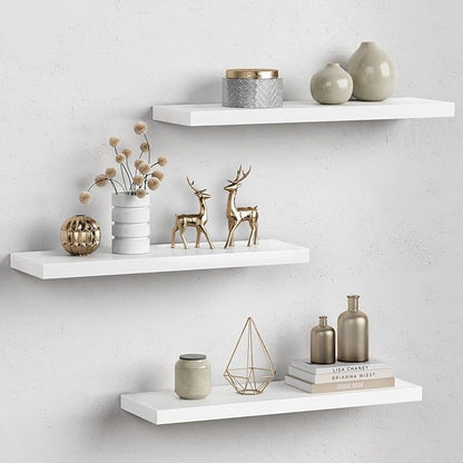 Forbena 24 Inch Floating Shelves for Wall Decor, White Wall Book Shelves for Bedroom, Large Long Deep Hanging Shelves for Bathroom Office Laundry Living Room Kitchen Closet Storage - Set of 3