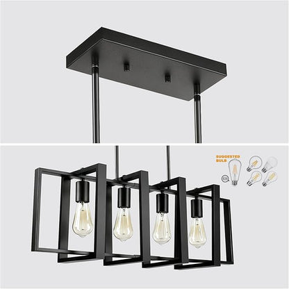 4-Light Island Lights for Kitchen, Rectangular Black Metal Kitchen Island Chandelier 31.5" Adjustable Rustic Modern Dining Room Light Fixtures Over Table, Chandeliers for Dining Room