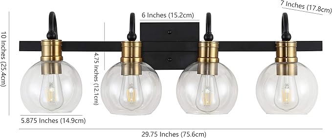 JONATHAN Y 29.75" Black/Brass Gold Vintage Wall Sconce, LED Vanity Light for Bathroom Bedroom Entryway, Clear Glass Globe Shade, Modern Industrial Arched Lamp, LED Bulb Included (JYL3529A)