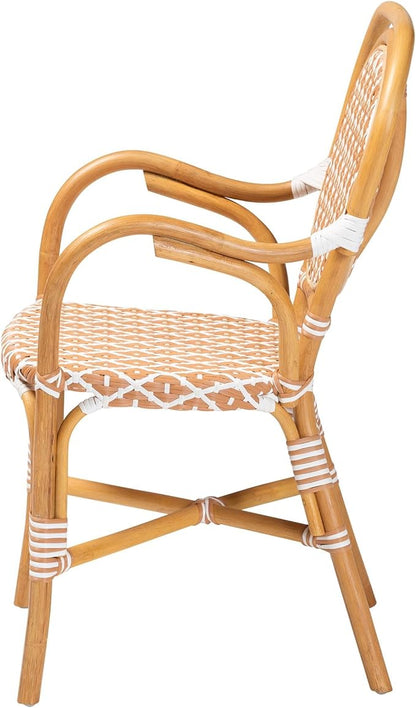 Bali & pari Mattie Rattan Bistro Chair - Handwoven Cafe-Style Dining Chair with Curved Arms for Kitchen Island or Indoor/Outdoor Lounge, Honey Natural & White
