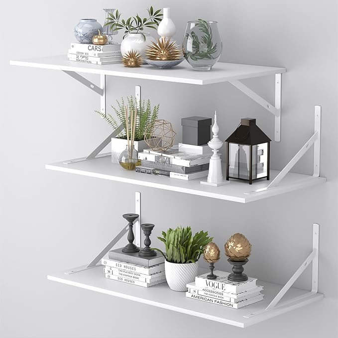 Deep Floating Shelves for Wall Set of 3, 24W x 12 Inch Deep White Floating Shelves, Wide Floating Wall Mounted Shelves for Living Room, Kitchen, Office, Bedroom, Bathroom, Laundry Room