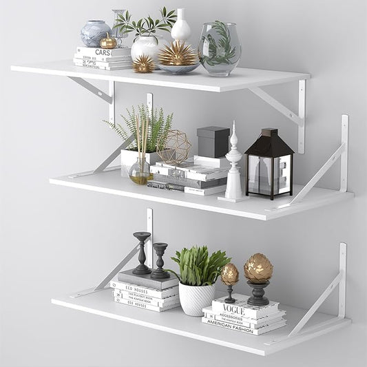Deep Floating Shelves for Wall Set of 3, 24W x 12 Inch Deep White Floating Shelves, Wide Floating Wall Mounted Shelves for Living Room, Kitchen, Office, Bedroom, Bathroom, Laundry Room