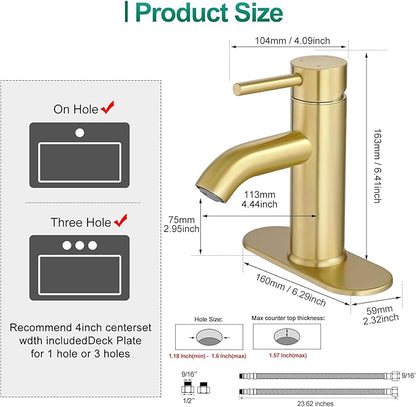 Brushed Gold Bathroom Faucets, Modern Single Hole Lavatory Vanity Faucet, Single Handle Bathroom Sink,Faucet, Faucet for Bathroom Sink with Deck Plate and Supply Hoses