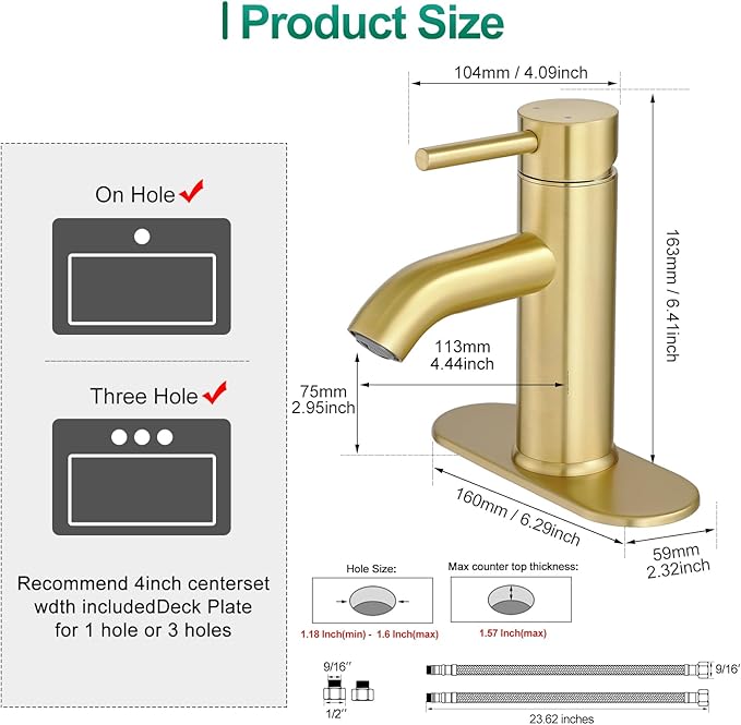 VOTON Brushed Gold Bathroom Faucet One Hole, Modern Single Handle Bathroom Faucet for 1 or 3 Hole Sink with Metal Pop up Drain, Deck Plate, for Vanity, Rv Sink