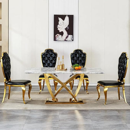 Modern Luxurious Rectangular Dining Table for 6-8, MDF Kitchen Table with Heavy-Duty Irregular Base, Faux Marble Heat-Resistant Furniture for Dining Room & Family Gatherings (Gold)