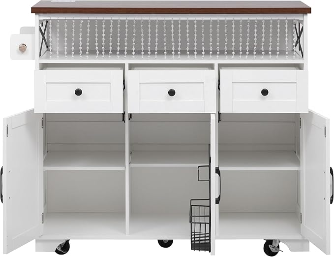 Ball & Cast Farmhouse Kitchen Island with Drape of Beads & Power Outlet, Rolling Kitchen Cart on 5 Wheels, 3 Drawers, Internal Iron Shelf & Towel Rack, for Kitchen & Dining Room, White