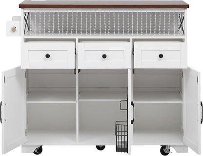Ball & Cast Farmhouse Kitchen Island with Drape of Beads & Power Outlet, Rolling Kitchen Cart on 5 Wheels, 3 Drawers, Internal Iron Shelf & Towel Rack, for Kitchen & Dining Room, White