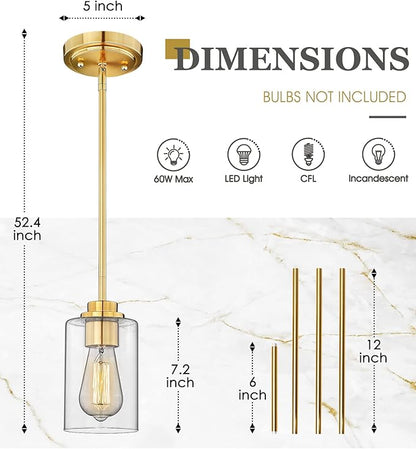 Pendant Lights Kitchen Island, Farmhouse Gold Pendant Lighting with Clear Glass Shade, Kitchen Pendant Lighting Over Island for Dining Room Entryway, AD-22281-1P-GD-C