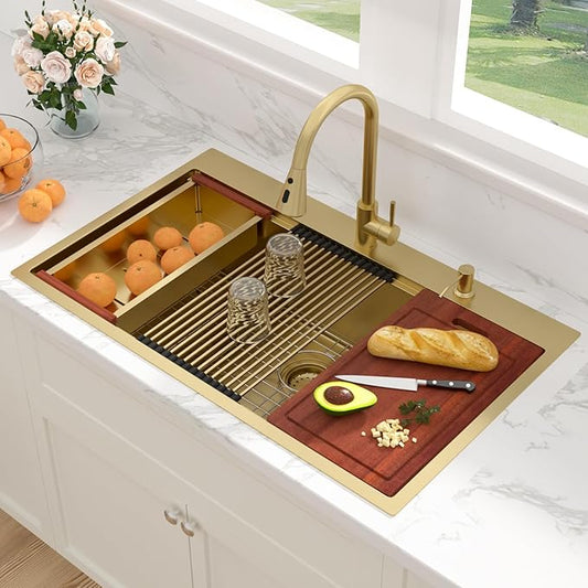 Sarlai 36 Gold Drop In Sink - 36x22 Inch Drop In Kitchen Sink Gold Ledge Workstation Sinks 16 Gauge Stainless Steel Single Bowl Topmount Sinks Basin