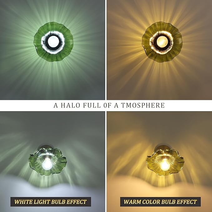 Shenmoyl Semi Flush Mount Ceiling Light, Black Hallway Vintage Fixture With Green Lotus Glass, 4.72" Base Modern Light for Bathroom Porch Kitchen Bedroom