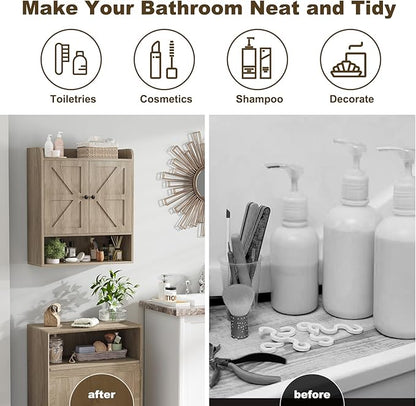 EasyCom 22" W x 26" H Bathroom Wall Cabinet, Farmhouse Medicine Cabinet with Adjustable Shelves and 2 Barn Doors, Over The Toilet Storage Cabinet for Bathroom, Kitchen, Living Room, Oak Grey