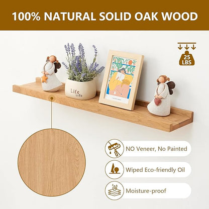 Oak Floating Shelves for Wall 24 Inch (Upgrade Width 6"), Natural Wood Wall Shelves Display Picture Ledge Shelf for Living Room Bedroom Bathroom Kitchen Office Decor and Storage
