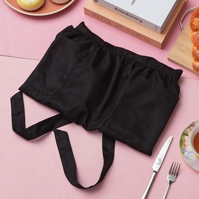 Geyoga Aprons for Women with Pockets Kitchen Cooking Waitress Maid Apron Vintage Skirt Cute Ruffle Dress Costume(Black,Long Style)