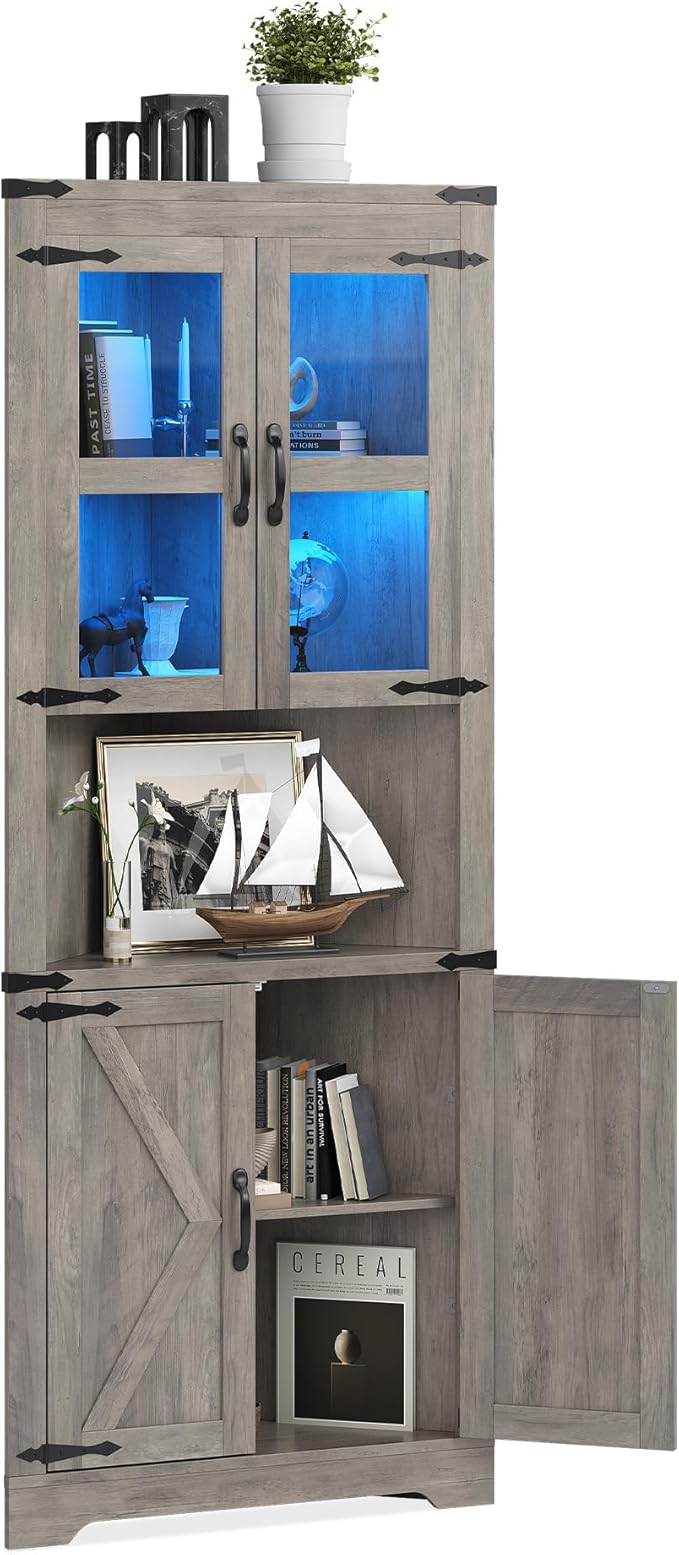GarveeHome 67 in Tall Corner Storage Cabinet with Lights, Farmhouse Corner Hutch Display Cabinet with Glass Doors, Wooden Storage Organizer for Kitchen, Living Room, Bathroom, Washed Grey