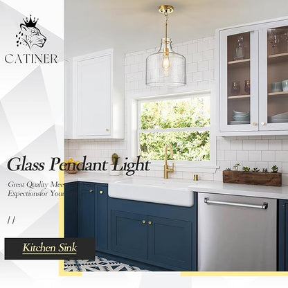 CATINER 12" Gold Glass Pendant Light, Seeded Bubble Shade Modern Farmhouse Hanging Light for Kitchen Island, Dining Room, E26 Dimmable Ceiling Fixture