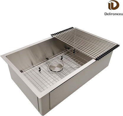 30 Inch Undermount Kitchen Sink - Delironexu 16G Stainless Steel Undermount Sink, 30''x18'' Deep Single Bowl Kitchen Sinks with 4 Accessories