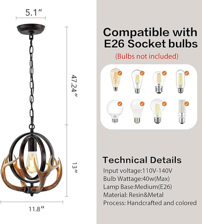 Antler Globe Chandelier, 11.8" Rustic Metal Cage Pendant Light with Resin Antlers, Industrial Farmhouse Hanging Ceiling Light Fixture for Kitchen Island, Dining Room, Entryway, E26 Base, Brown