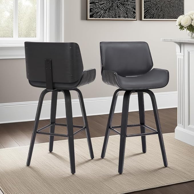 Armen Living Tyler 26" Counter Height Swivel Gray Faux Leather and Black Wood Bar Stool - Set of 4