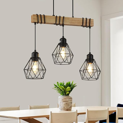 20" Farmhouse Kitchen Light Fixture, Black Hanging Kitchen Chandelier, 3-Light Rustic Dining Room Light Adjustable Height with Wood and Metal Frame, Suit for Farmhouse, Industrial Style