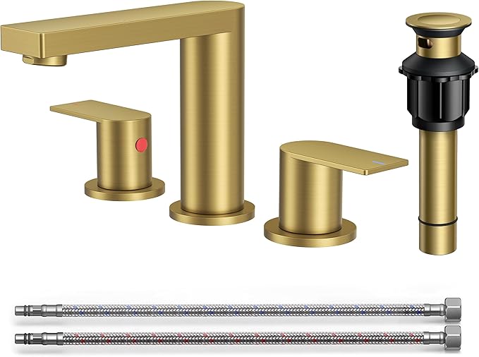 FORIOUS Brushed Gold Bathroom Faucets 3 Hole, 8 Inch Widespread Bathroom Sink Faucet with Pop-up Drain and Cupc Supply Lines, 2-Handle for Vanity, Hotel Restroom