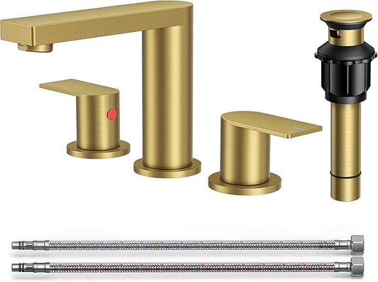 FORIOUS Brushed Gold Bathroom Faucets 3 Hole, 8 Inch Widespread Bathroom Sink Faucet with Pop-up Drain and Cupc Supply Lines, 2-Handle for Vanity, Hotel Restroom