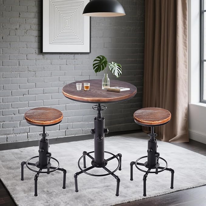 Kitchen Table Set, 3 Piece Pub Table Set, Modern Round bar Table and Stools for 2, Bistro Bar Height Table Industrial Bar Stools Height Adjustable Easy Assemble for Kitchen Dining