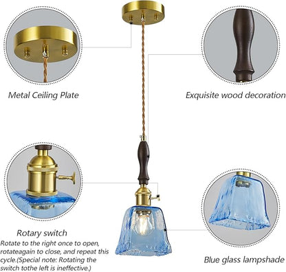Blue Glass Vintage Pendant Light Height Adjustable Handmade Glass Pendant Lights Kitchen Island Gold Hanging Light Fixture with Wood Handle for Bedroom Dining Room Hotel (3 Pack)