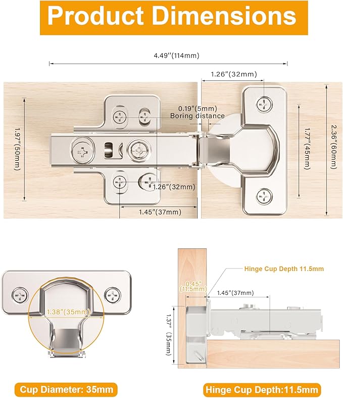 2 Pack Precision-Engineered Full Overlay Soft Close Cabinet Hinges, Frameless European Kitchen Cabinet Hinges 35mm Cup Clip-On 3D Adjustment Concealed Cabinet Door Hinges Nickel Plated Finish