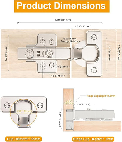 2 Pack Precision-Engineered Full Overlay Soft Close Cabinet Hinges, Frameless European Kitchen Cabinet Hinges 35mm Cup Clip-On 3D Adjustment Concealed Cabinet Door Hinges Nickel Plated Finish