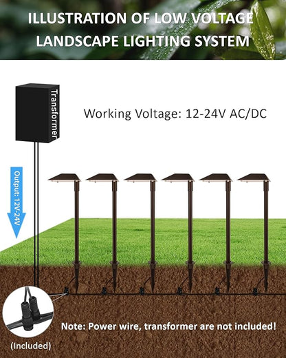 Landscape Path Lights Low Voltage, 12V Wired Outdoor Landscape Pathway Lighting for Outside Yard Walkway Driveway with Replaceable 5W 3000K Warm White LED G4 Bulb, Aluminum, Bronze, 6PK