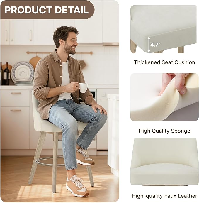 Counter Height Bar Stools Set of 4, Modern Swivel Barstools with Back and Wood Legs, Fabric Upholstered Bar Chairs, 26" Seat Height Counter Stools for Kitchen Island,Ivory