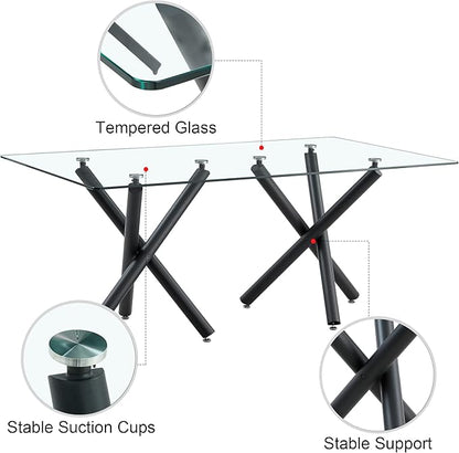 71” Rectangle Dining Table, Large Modern Dining Table for 6–8 People with 0.4" Thickened Tempered Glass Top, Glass Kitchen Table with Black Metal Legs for Dining Room