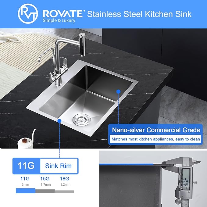 ROVATE 24 x 18 inch Drop-in Kitchen Sink Single Bowl, Topmount Stainless Steel Sink with1 Hole, Handmade Overmount Kitchen or Bar Sinks with Basket Strainer