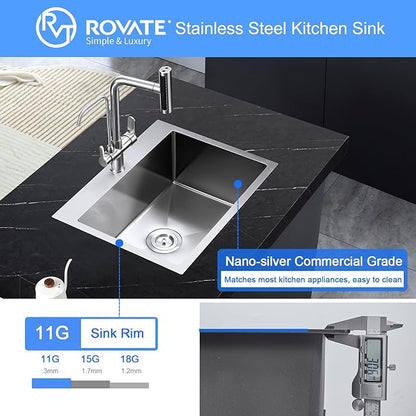 ROVATE 24 x 18 inch Drop-in Kitchen Sink Single Bowl, Topmount Stainless Steel Sink with1 Hole, Handmade Overmount Kitchen or Bar Sinks with Basket Strainer