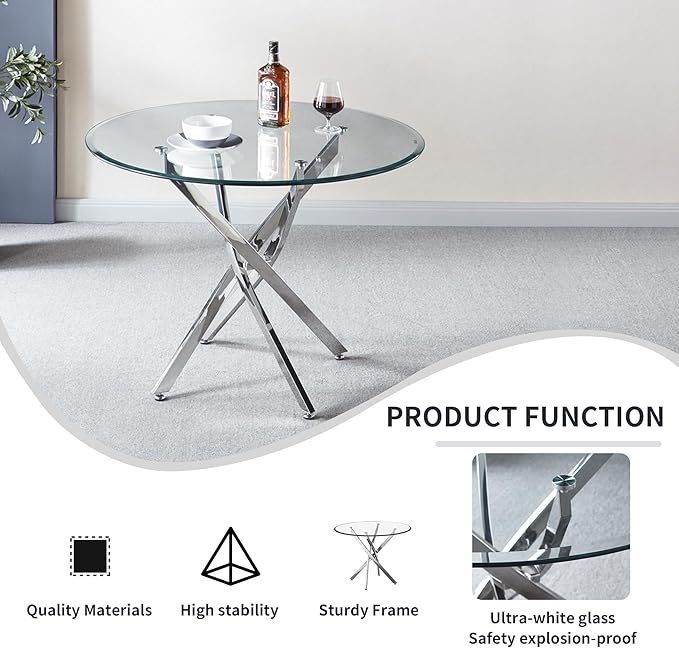 Pvillez Contemporary Dining Table, 36" Round Tempered Glass, Stainless Steel Base, Seats 4, Clear Kitchen Table for Dining