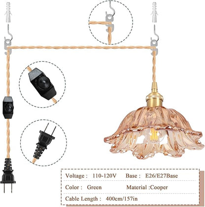 Plug in Pendant Light Fixtures,Hanging Light Fixture Amber Glass Pendant Light 10.6in E26 Pendant Lighting for Kitchen Island, Bedroom, Dining Room, Living Room 2pack