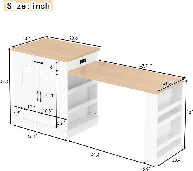 Modern Extendable Dining Table with Drawers, Kitchen Island with Double-Door Cabinet and Open Shelving, Serves as Dining Table, Temporary Breakfast Bar, and Afternoon Tea Lounge (White/52c)