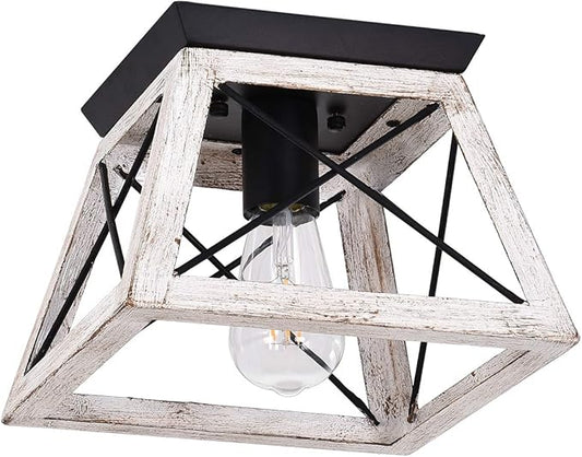Luupyia Farmhouse Ceiling Light Fixture Semi Flush Mount, One-Light Square Farmhouse Chandelier Lighting, Rustic Island Overhead Fixtures for Dining Room Entryway Living Room Beige
