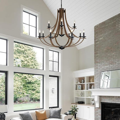 LAMPKEDUO Farmhouse Chandeliers for Dining Room Light Fixture, 2 Tier 12-Light 41" Adjustable Height Retro Faux Wood Texture Rustic Light Fixtures for Living Room Bedroom Foyer Entryway