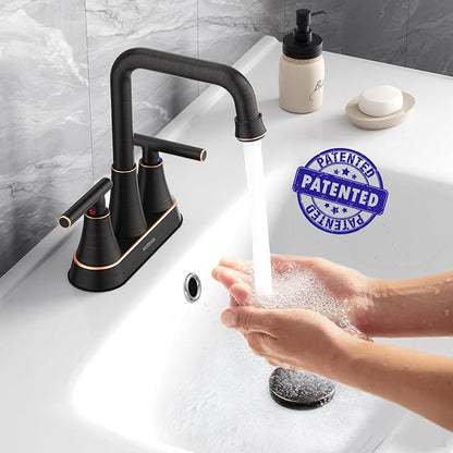 Bathroom Sink Faucet, Hurran Oil Rubbed Bronze Bathroom Faucets for Sink 3 Hole with Pop-up Drain and Supply Hoses, 360 Swivel Spout 2-Handle Centerset Faucet for Vanity RV Farmhouse