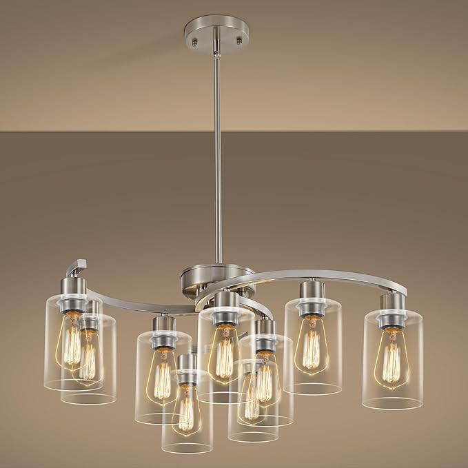 Sigaitwei 9-Light Brushed Nickel Kitchen Light Fixtures ，29.5" Large Chandeliers for Dining Room， Modern Dining Table Light Fixture，Metal Bracket Pendant Lighting with Downward Clear Glass Shade