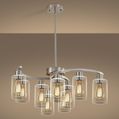 Sigaitwei 9-Light Brushed Nickel Kitchen Light Fixtures ，29.5" Large Chandeliers for Dining Room， Modern Dining Table Light Fixture，Metal Bracket Pendant Lighting with Downward Clear Glass Shade