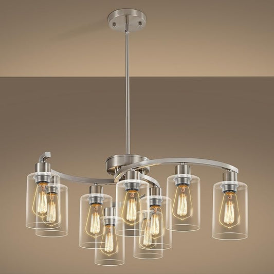 Sigaitwei 9-Light Brushed Nickel Kitchen Light Fixtures ，29.5" Large Chandeliers for Dining Room， Modern Dining Table Light Fixture，Metal Bracket Pendant Lighting with Downward Clear Glass Shade