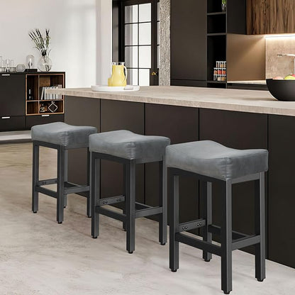 Raynesys Counter Height Bar Stools Set of 3, 24 Inch Barstools for Kitchen Island Counter, Bonded Leather Kitchen Stools with Thick Saddle Seats & Heavy Duty Metal Base, Easy Assembly, Gray/White