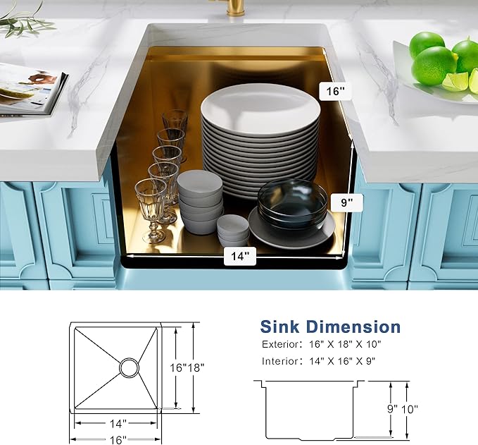 Gold Bar Sink Undermount,Small Bar & Prep Sinks,16 gauge Stainless Steel Bar Sink with Workstation for Wet Bar Area,Special Offset Drain Design (16" X 18")