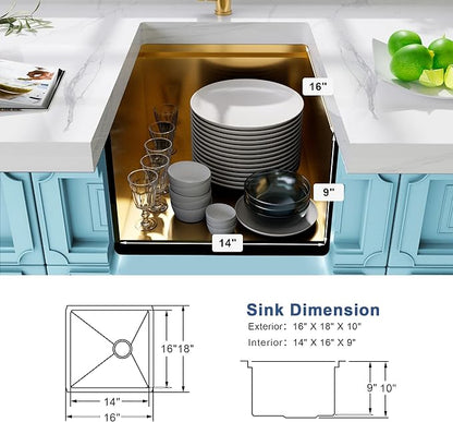 Gold Bar Sink Undermount,Small Bar & Prep Sinks,16 gauge Stainless Steel Bar Sink with Workstation for Wet Bar Area,Special Offset Drain Design (16" X 18")