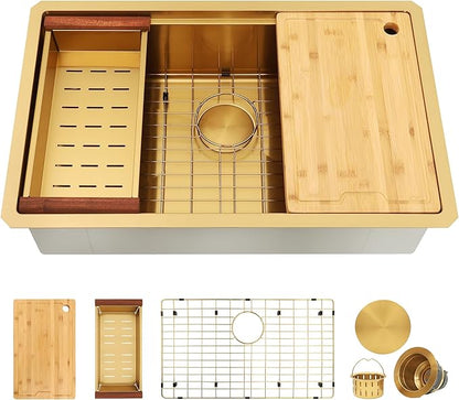 30 Inch Undermount Gold Kitchen Sink,16 Gauge Stainless Steel Kitchen Sink Single Bowl, 30"x19"x9" Ledge Workstation Sinks With All Accessories, Multi-Functional Workstation Sinks
