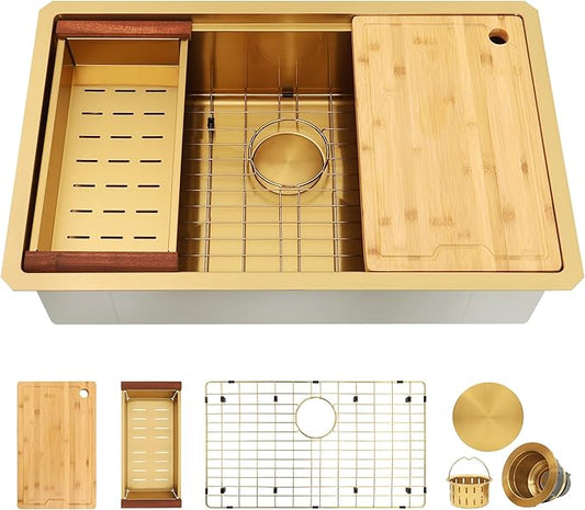 30 Inch Undermount Gold Kitchen Sink,16 Gauge Stainless Steel Kitchen Sink Single Bowl, 30"x19"x9" Ledge Workstation Sinks With All Accessories, Multi-Functional Workstation Sinks