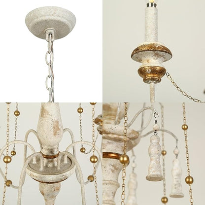 LALUZ Farmhouse Chandelier, 6-Light Distressed Wood Chandeliers for Dining Room, French Country Lighting Lights Fixtures with Bead Strings, 29.1" L x 37.8" H