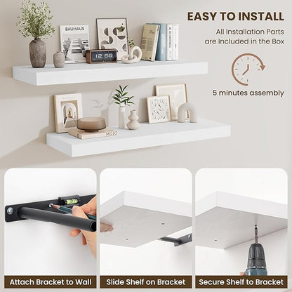 Fun Memories 24 Inch Floating Shelves Wall-Mounted, 12 Inch Deep Wall Shelves, 24 x 12 Floating Shelf, Deep Storage Shelf for Living Room Bathroom Bedroom, White, Set of 2